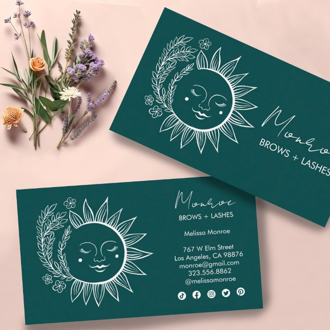 Carte De Visite Sun Flower Boho Line Art Elegant Green Social Icon (Pretty herbal sun with social media icons. Customize everything to make it shine!)