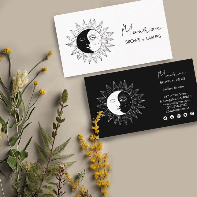 Carte De Visite Sun & Moon Boho Line Art Elegant B&W Social Icons (hand-drawn sun and moon image decorates these custom business cards. Change the text and colors)