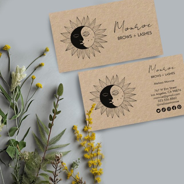 Carte De Visite Sun & Moon Boho Line Art Elegant KRAFT Social Icon (Boho drawing of moon and sun decorate these custom business cards with social icons. Fully editable)