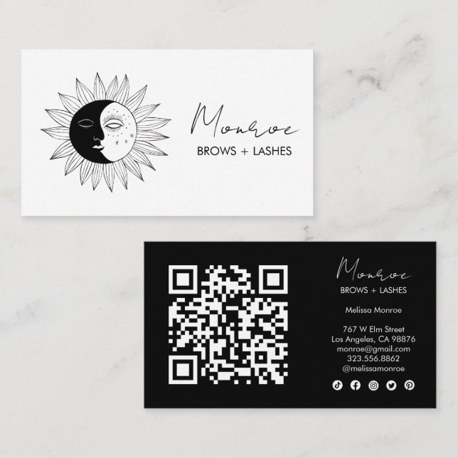 Carte De Visite Sun & Moon Boho Line Art Elegant QR Icônes sociale (Devant / Derrière)