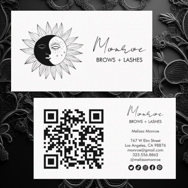 Carte De Visite Sun & Moon Boho Line Art Elegant QR Icônes sociale (Sun moon custom business card design with QR code and social media icons)