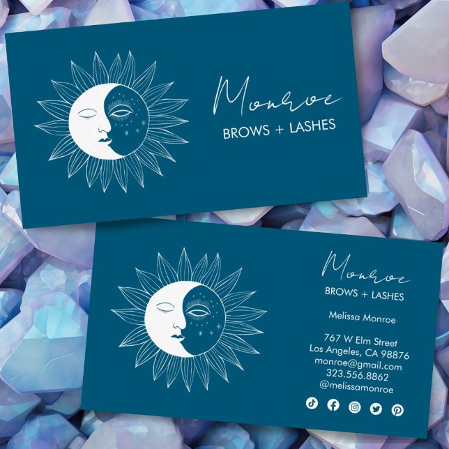 Carte De Visite Sun & Moon Boho Line Art Élégant Turquoise Icônes  (Make these business cards shine by adding your details and customizing the social media icons.)