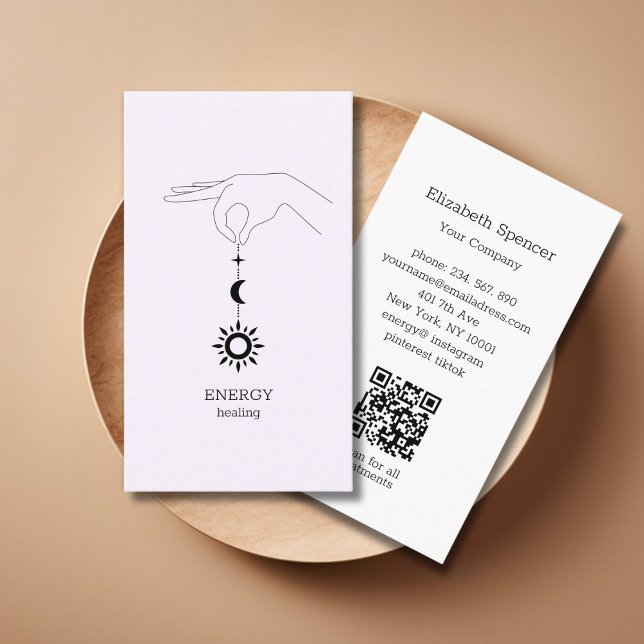 Carte De Visite Sun Moon Light Purple QR-Code Business Card (Light Purple Hand Sun Moon Illustration QR Code Business Card. Modern Whimsical. )