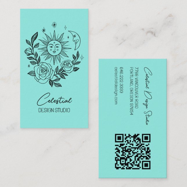 Carte De Visite Sun Moon & Rose Magique Boho Botanique CUSTOM QR (Devant / Derrière)