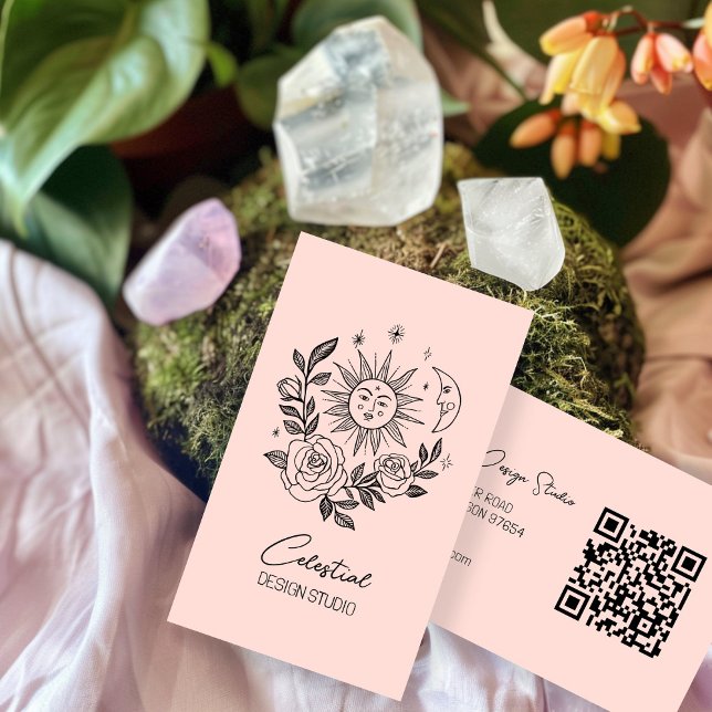 Carte De Visite Sun Moon & Rose Magique Boho Botanique CUSTOM QR (Sun Moon & Roses Magical Boho Botanical CUSTOM QR Business Card
)