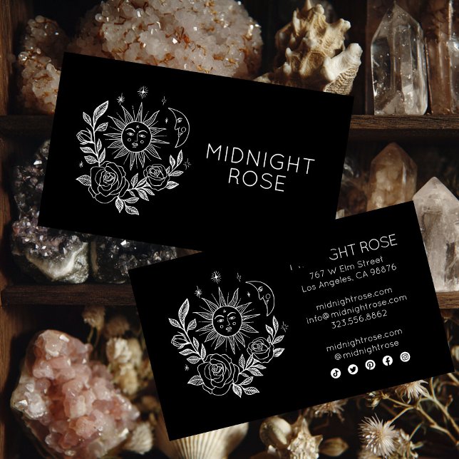 Carte De Visite Sun Moon & Rose Magique Boho Noir Blanc CUSTOM (Sun Moon & Roses Magical Boho Black White CUSTOM Business Card
)