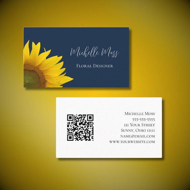Carte De Visite Sunflower Whimsical QR code Navy Blue (Créateur téléchargé)