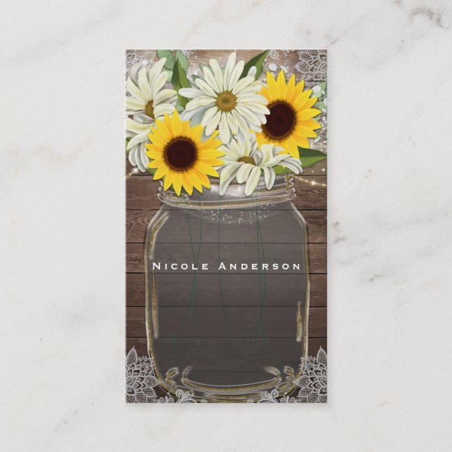 Carte De Visite Sunflowers & Daisy Mason Jar Sparkle Rustic Chic (Devant)