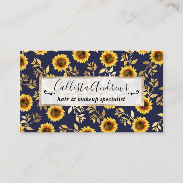 Carte De Visite Sunny Yellow Gold Navy Feuille Motif (Devant)
