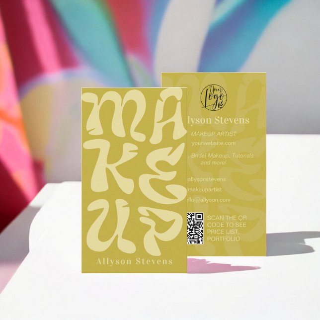 Carte De Visite Super rétro chaux vert logo qr code maquillage (Groovy retro lime green logo qr code Makeup Business Card)