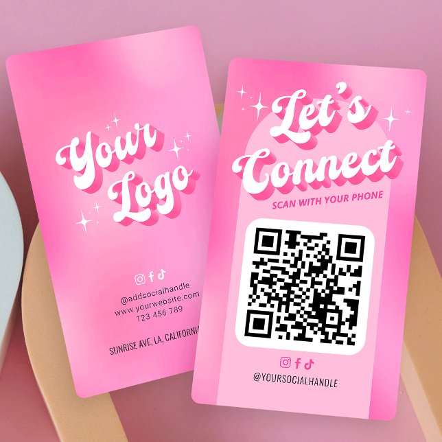 Carte De Visite Super rose tendance Connectons Socials QR Code (Groovy pink QR Code Business Cards featuring retro fonts, your logo and scannable QR code)