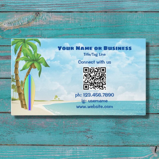 Carte De Visite Surf et palmiers | QR Code Plage tropicale (Créateur téléchargé)