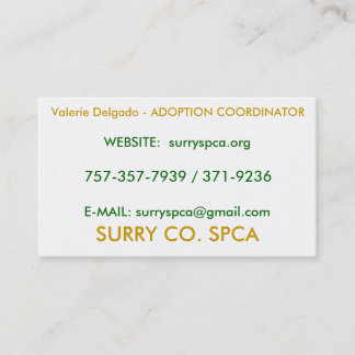 Carte De Visite SURRY Cie. SPCA, Valerie Delgado - ADOPTION COOR…
