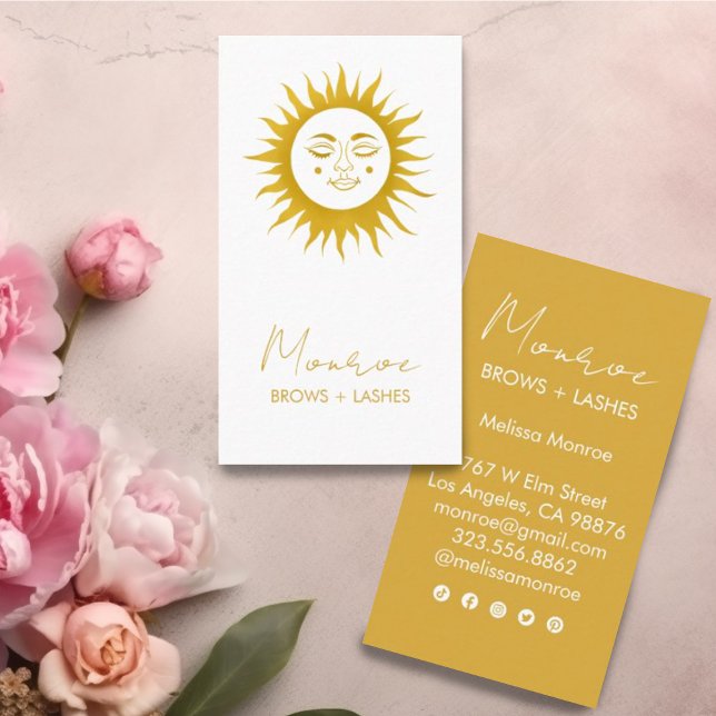Carte De Visite Sweet Sunshine Boho Golden Elegant Social Icons (Sweet sunshine decorates these custom golden business cards. Add your own text and edit social icons)