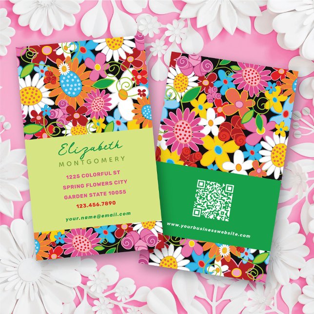 Carte De Visite Sweet Whimsical Spring Fleurs Jardin coloré (Sweet Whimsical Spring Flowers Colorful Garden Business / Profile Card @ fat_fa_tin)