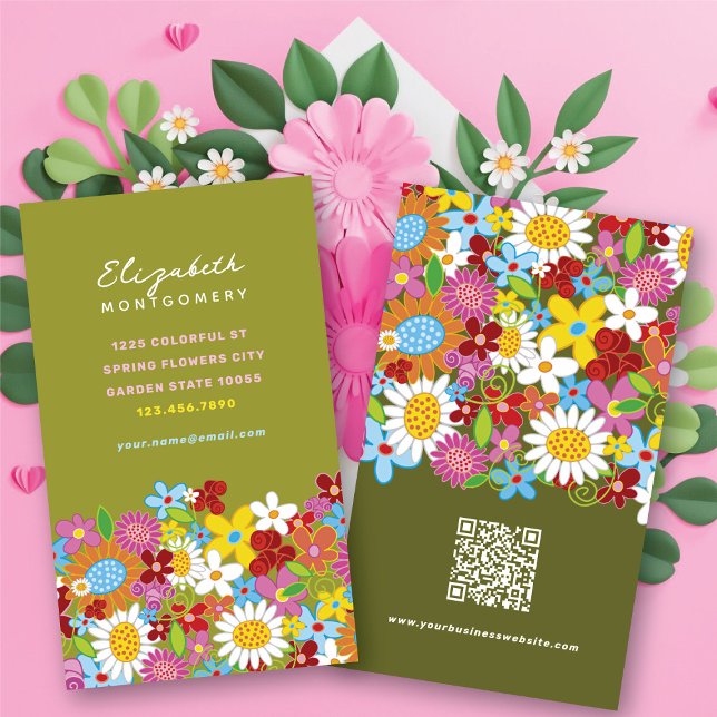 Carte De Visite Sweet Whimsical Spring Fleurs Jardin coloré (Sweet & Chic Whimsical Spring Flowers Colorful Garden Business / Profile Card @ fat_fa_tin)