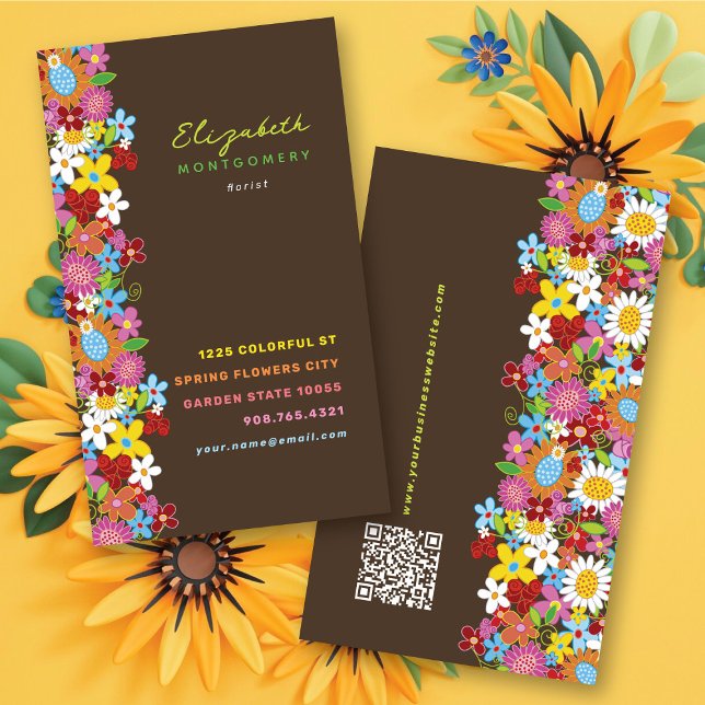 Carte De Visite Sweet Whimsical Spring Fleurs Jardin coloré (Sweet & Chic Whimsical Spring Flowers Colorful Garden Business / Profile Card @ fat_fa_tin)