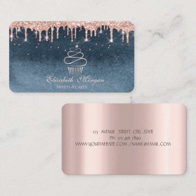 Carte De Visite Sweets Cupcake Rose Gold Drives Diamants Bleu (Devant / Derrière)