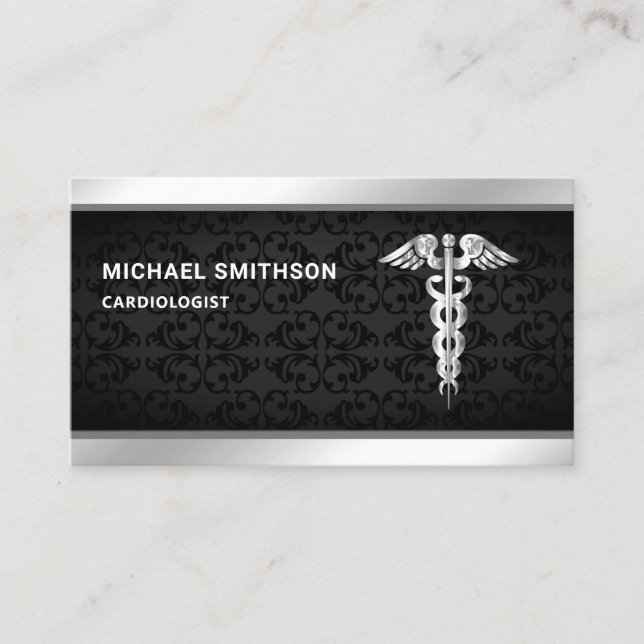 Carte De Visite Symbole Black Silver Caduceus Médicale Professionn (Devant)