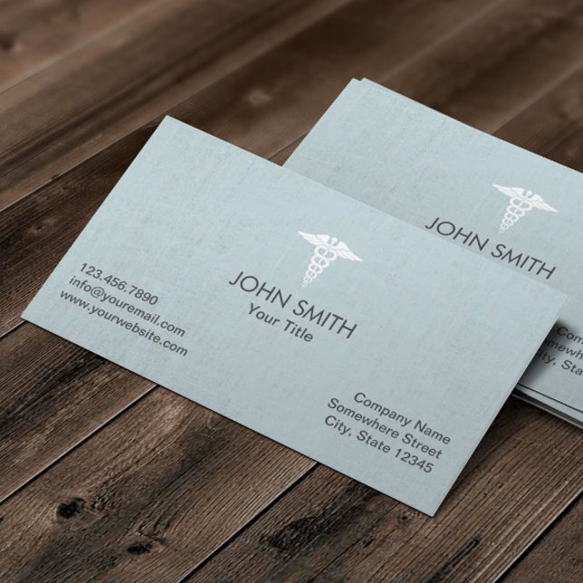 Carte De Visite Symbole Caduceus Médicale Faux Lin Bleu clair (Créateur téléchargé)