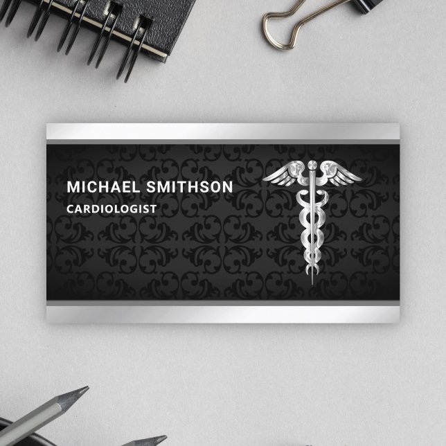 Carte De Visite Symbole de caducée argent noir Professionnel médic (Créateur téléchargé)