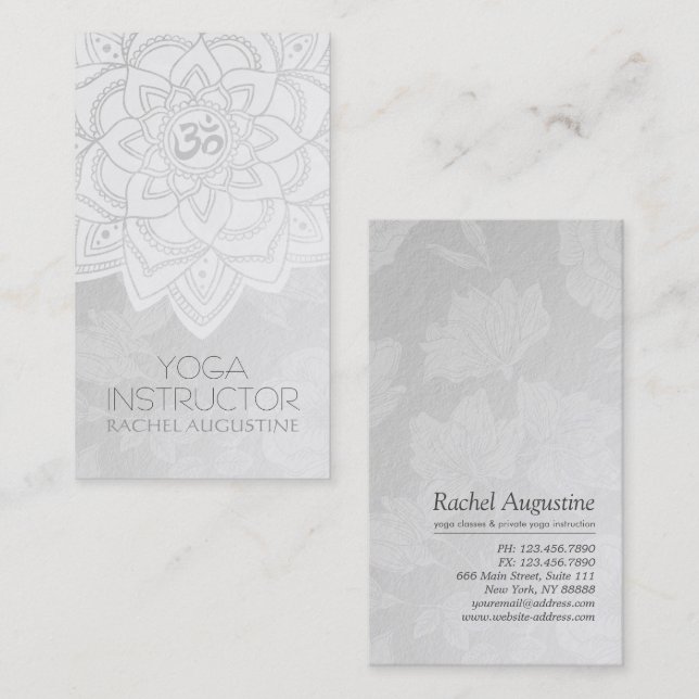 Carte De Visite Symbole de l'OM YOGA Instructeur blanc & argent Ma (Devant / Derrière)