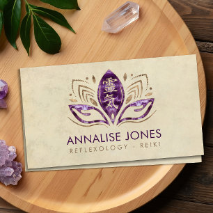 Carte De Visite Symbole Reiki et mains en Lotus Amethyst et Gold