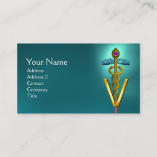Carte De Visite SYMBOLE VÉTÉRINAIRE DE CADUCE D'OR / Bleu Turquois