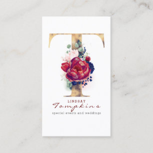 Carte De Visite T Monogram Burgundy Gold et Navy Blue Floral