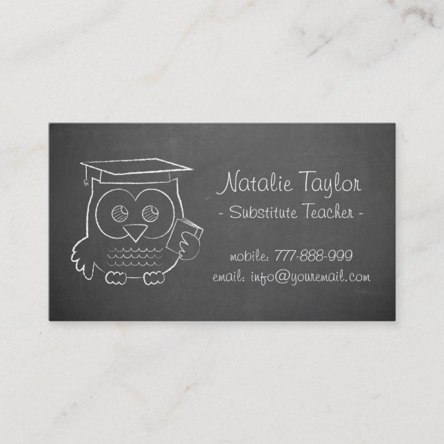 Carte De Visite Tableau Noir Gris Chouette Mignonne Dessin Profess (Devant)