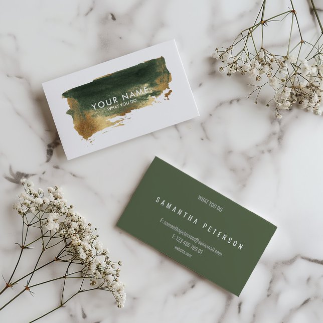 Carte De Visite Tache de peinture avec de l'or (Olive green watercolor brush business card with modern white text.)