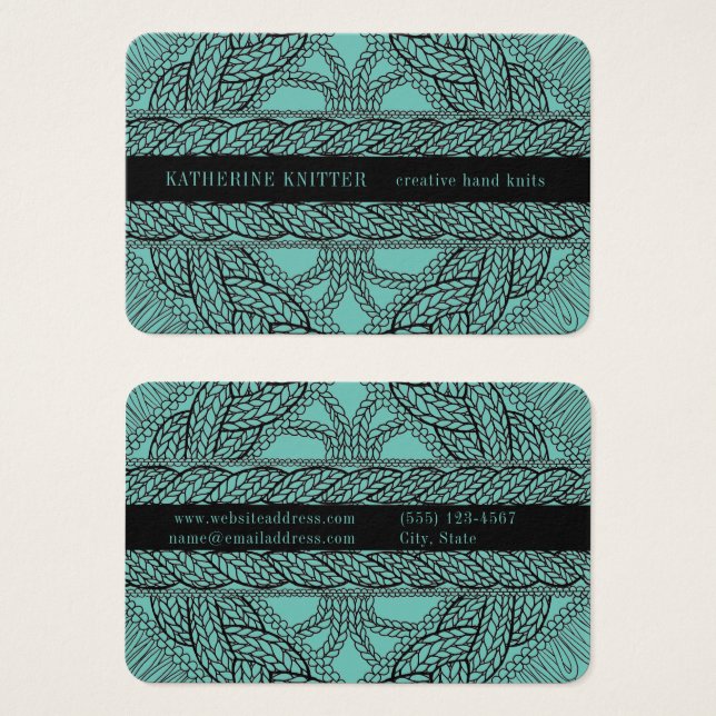 CARTE DE VISITE TAILLE EURO EN MAILLE CÂBLÉE TEAL (Devant & derrière)