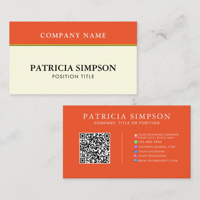 Carte De Visite Tangerine Orange and Beige Cream QR Code Template (Devant / Derrière)