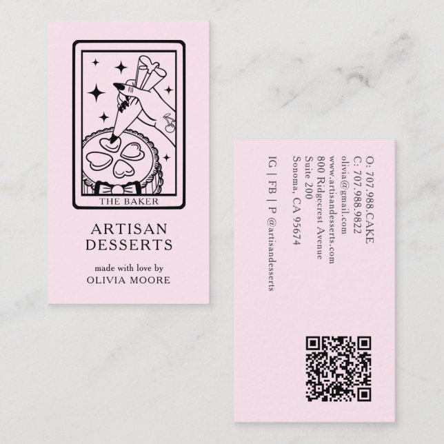 Carte De Visite Tarot Artisan Baker Dessert Caterer QR Code Pink (Devant / Derrière)