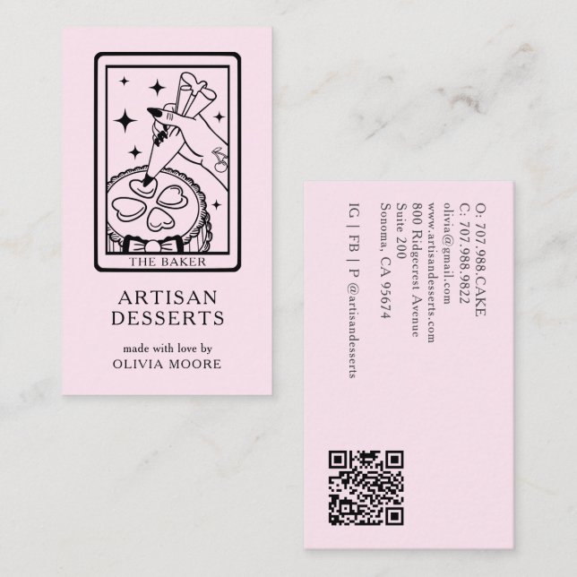 Carte De Visite Tarot Artisan Baker Dessert Caterer QR Code Pink (Devant / Derrière)