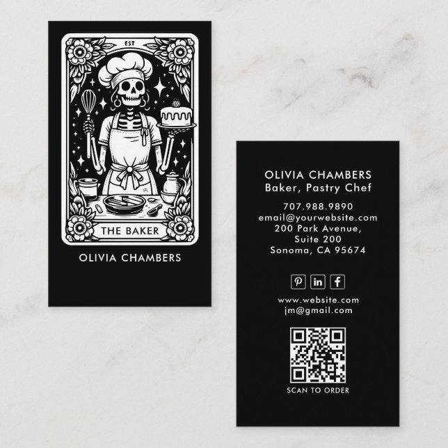 Carte De Visite Tarot Baker Black White Pâtissier qr cODE (Devant / Derrière)