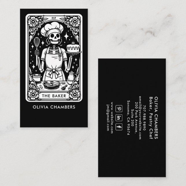 Carte De Visite Tarot Boulanger Pâtisserie Noir Blanc Chef Dessert (Devant / Derrière)