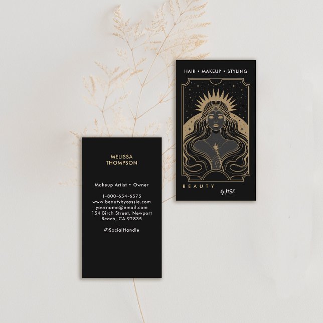 Carte De Visite Tarot Céleste Mystique Moderne Élégant Or Noir (tarot card business card celestial mystical gold black makeup hair lashes psychic reiki healer)