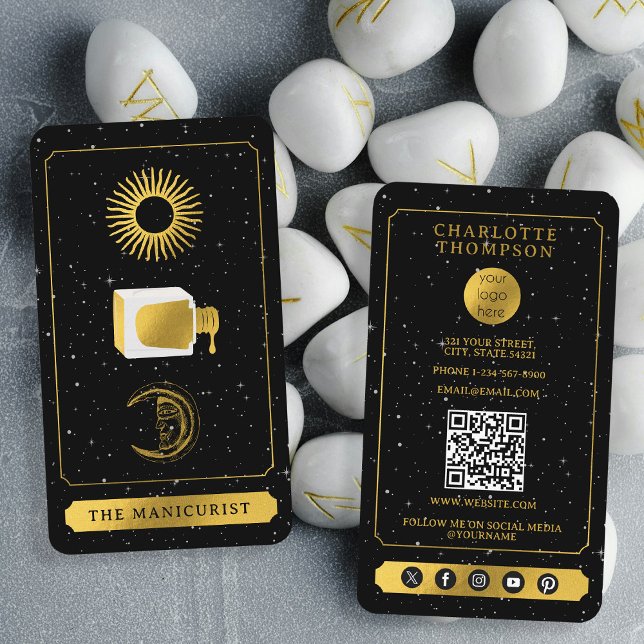 Carte De Visite Tarot céleste Soleil Lune Clou Salon Noir Or (Celestial Tarot Sun Moon Nail Salon Black Gold Business Card)