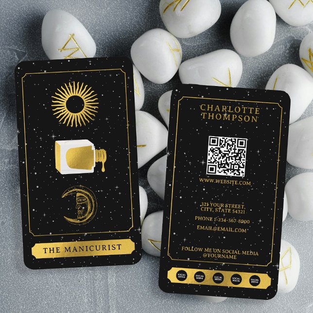 Carte De Visite Tarot céleste Soleil Lune Clou Salon Noir Or (Celestial Tarot Sun Moon Nail Salon Black Gold Business Card)