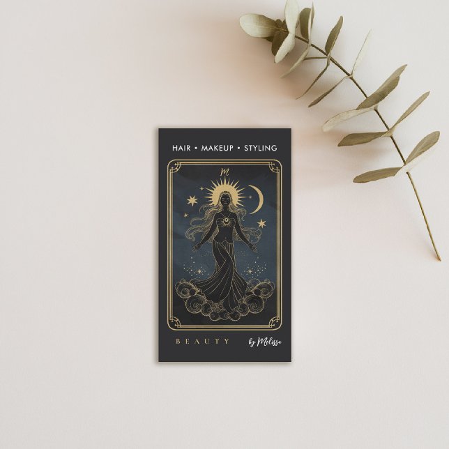 Carte De Visite Tarot Lune déesse d'eau moderne Elégant or noir (tarot business card mystical water gold black makeup hair lashes psychic reiki healer)