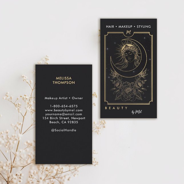 Carte De Visite Tarot Moon déesse Roses Moderne Elegant Black Gold (tarot business card moon rose celestial mystical gold black makeup hair lashes psychic reiki healer)