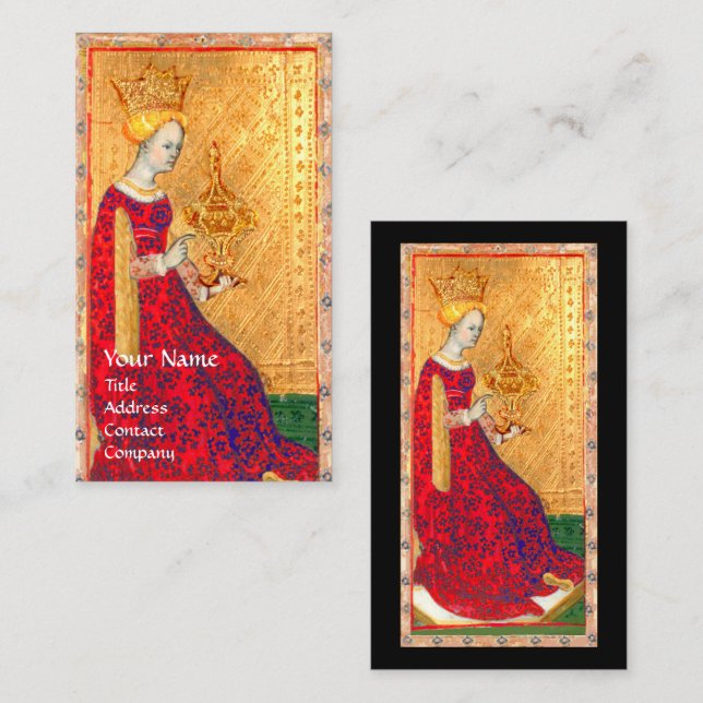 CARTE DE VISITE TAROTES DE RENAISSANCE ANTIQUE / REINE DES TASSE (Devant / Derrière)