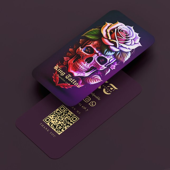Carte De Visite Tatouage Artiste Crâne Floral Noir Pourpre Moderne (Tattoo Artist Floral Skull Black Purple Modern Business Card
)
