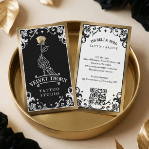 Carte De Visite Tatouage d'or noir Artiste Squelette Fleur rose