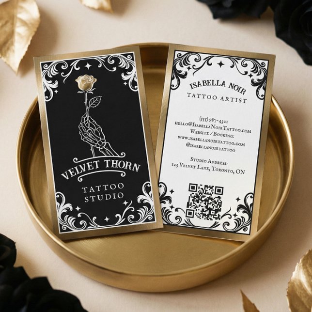 Carte De Visite Tatouage d'or noir Artiste Squelette Fleur rose (Black Gold Tattoo Artist Skeleton Floral Rose Business Card)