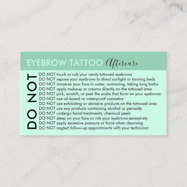 Carte De Visite Tatouage Eyebrow Vert Évite Les Conseils Après-Soi (Dos)