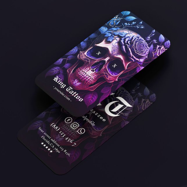 Carte De Visite Tatouage moderne Artiste Crâne Goth Bleu pourpre (Modern Tattoo Artist Skull Goth Blue Purple Business Card
)