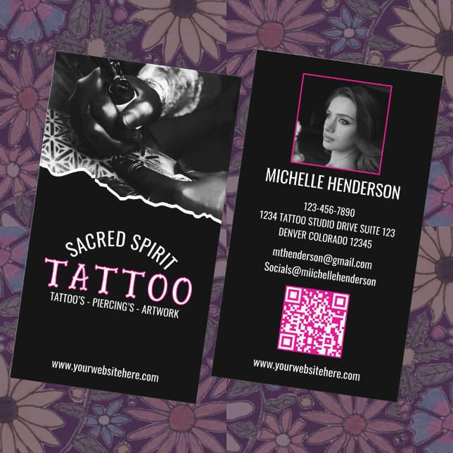 Carte De Visite Tatouage QR Code Photo Texte 2 Moderne Blanc pour  (Créateur téléchargé)