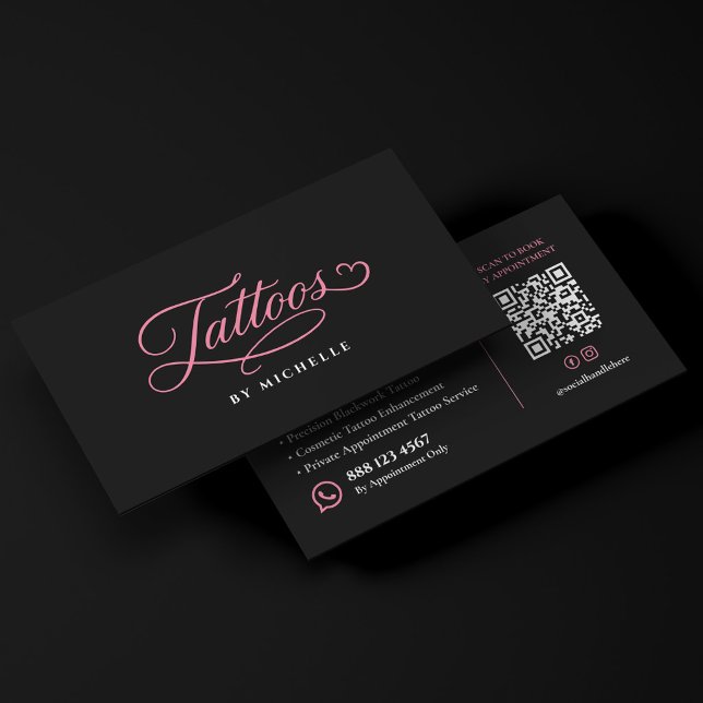 Carte De Visite Tatouages Élégants Script Tattooiste Rose Noir (Elegant Tattoos Script Tattooist Pink Black Business Card
)